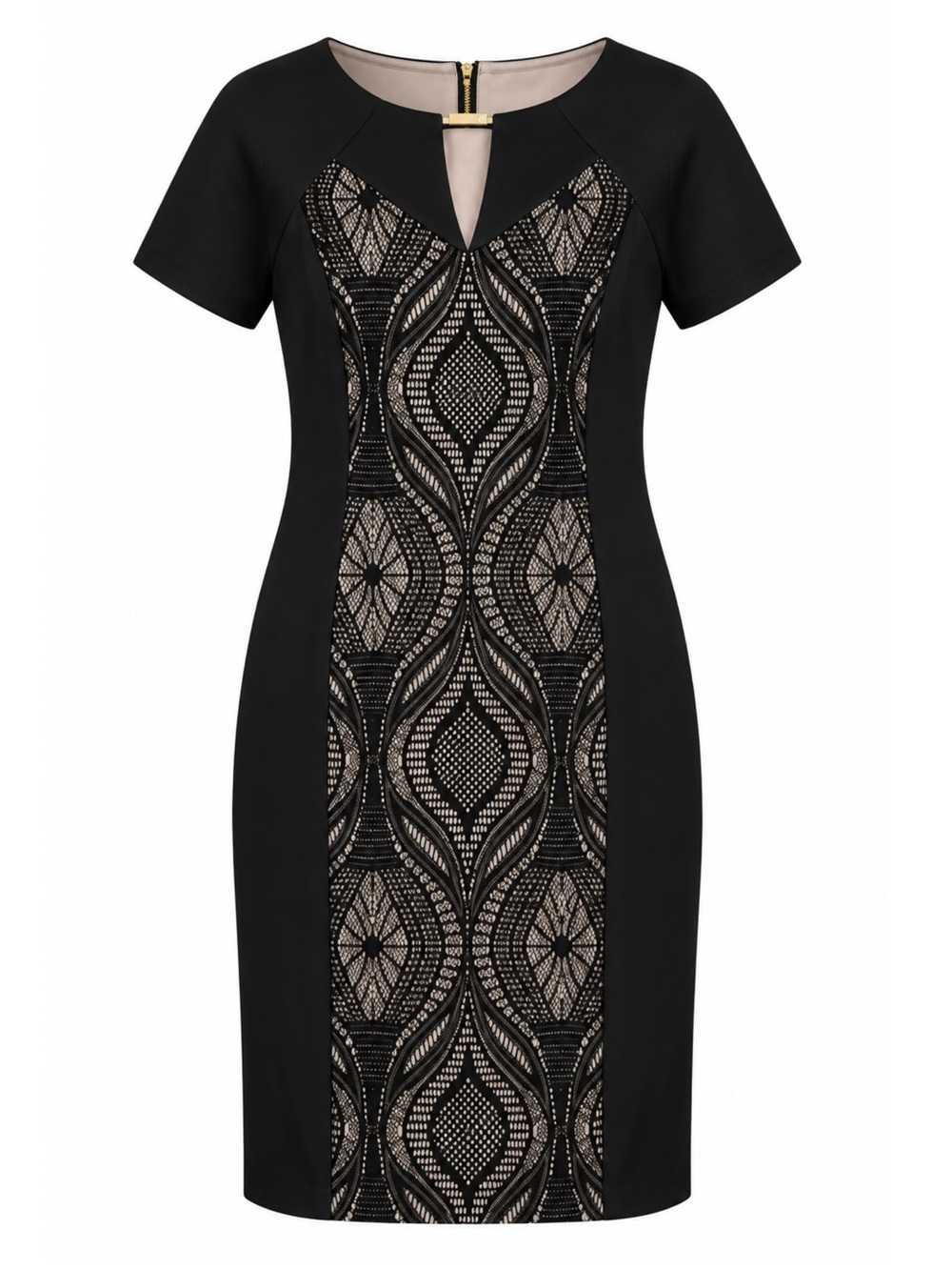 Jax Black & Nude Lace-Panel Midi Sheath Dress